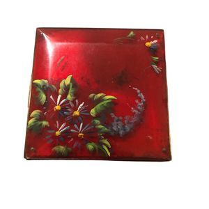 Vintage Rex Fifth Ave Red Celluloid Beauty Compact w/Handpainted Flowers, Puff